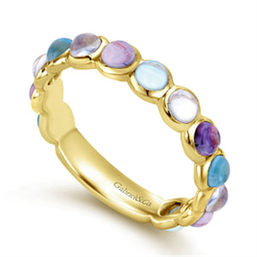 14K Yellow Gold Stackable Swiss Blue Topaz, Moonstone & Amethyst Gemstone Ring