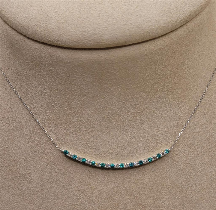 14K White Gold Emerald Gemstone and Diamond Bar Necklace