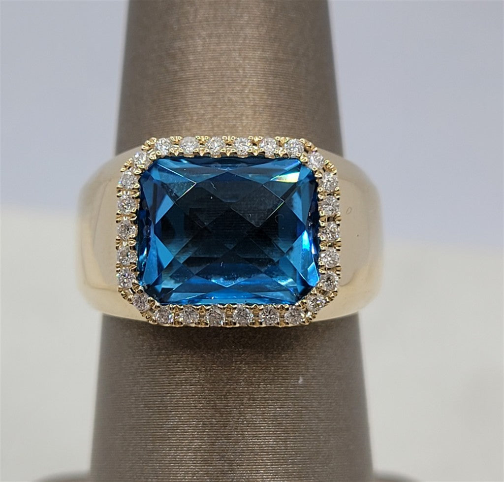 14K Yellow Gold Wide Band Blue Topaz & Diamonds Gemstone Ring