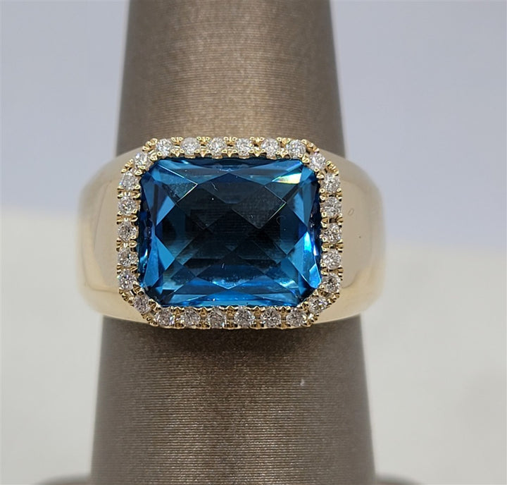14K Yellow Gold Wide Band Blue Topaz & Diamonds Gemstone Ring
