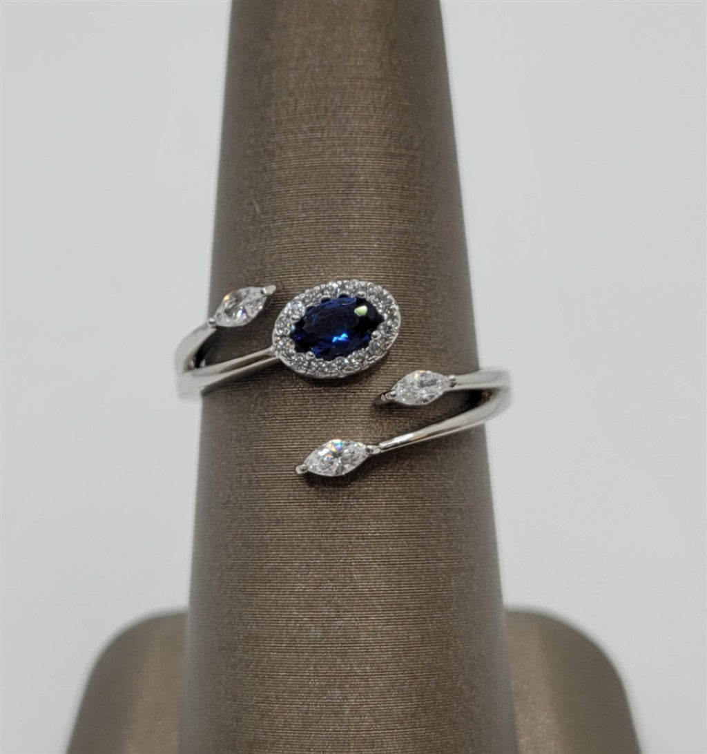 Sterling Silver Lab Grown Blue Sapphire & Swarovski Crystal Bypass Ring