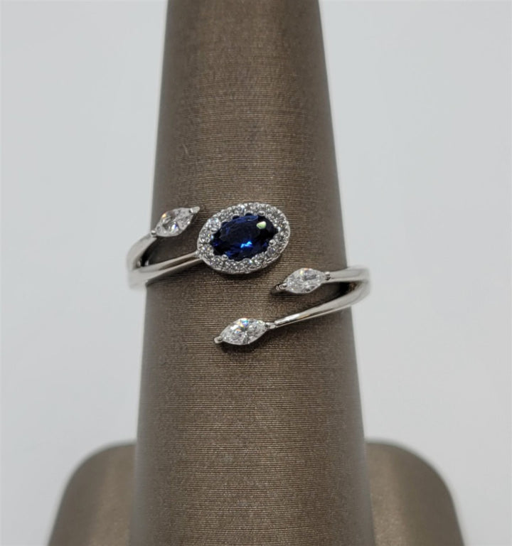 Sterling Silver Lab Grown Blue Sapphire & Swarovski Crystal Bypass Ring