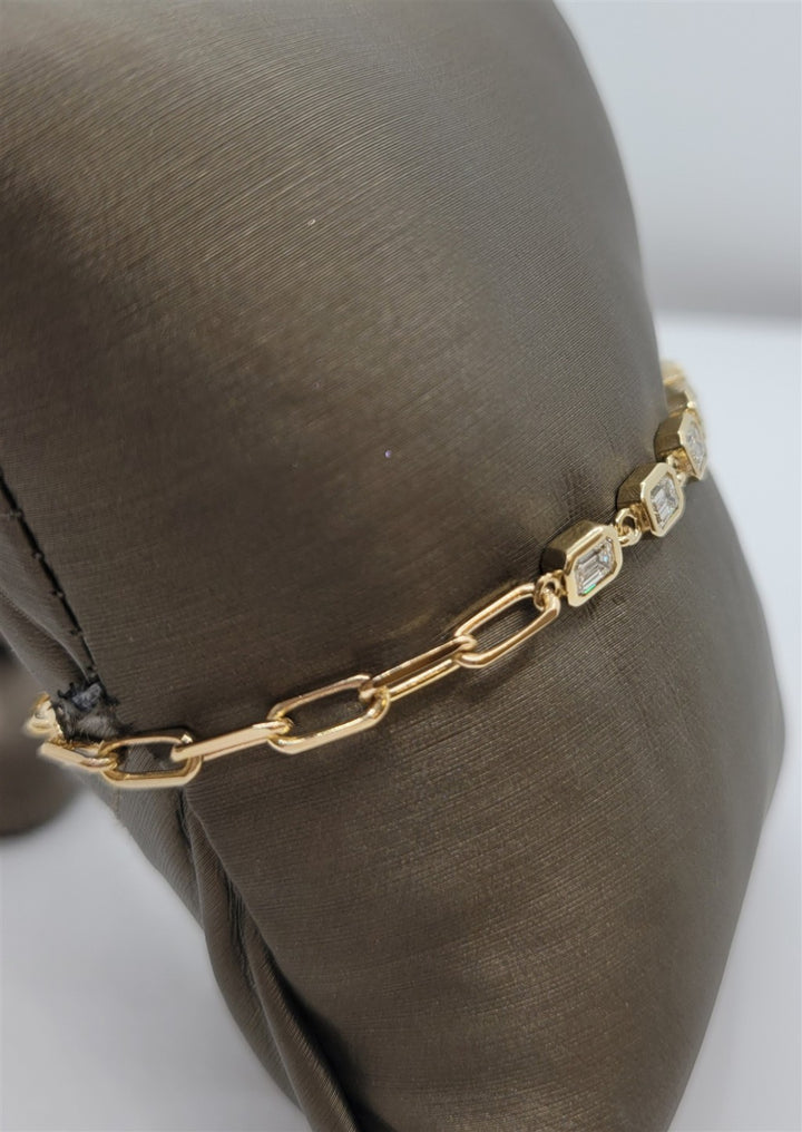 7" 14K Yellow Gold Bezel Set Diamond Paper Clip Chain Bracelet