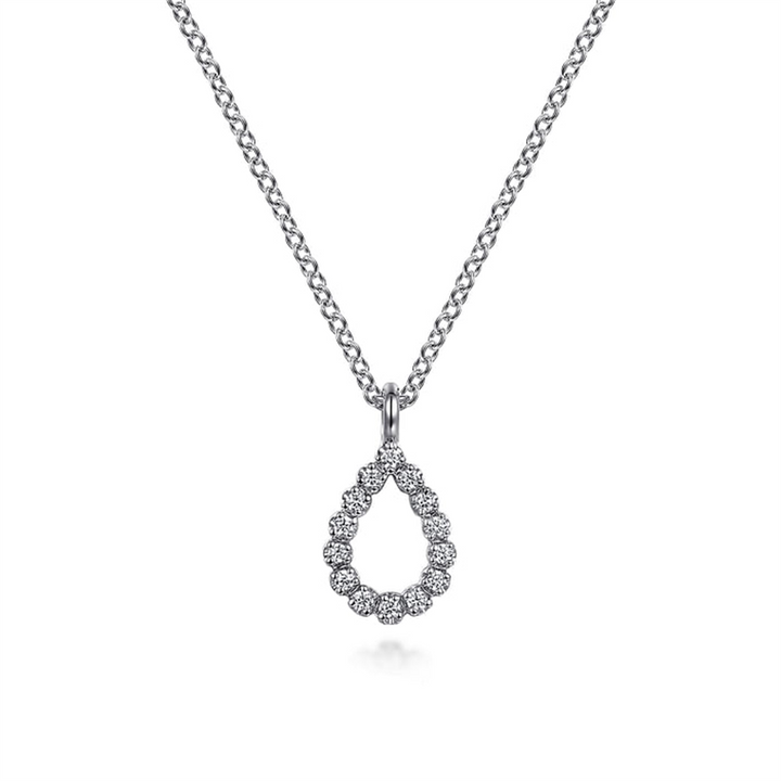 14K White Gold "Gabriel & Co." Butter Cup Set Diamond Teardrop Pendant Necklace