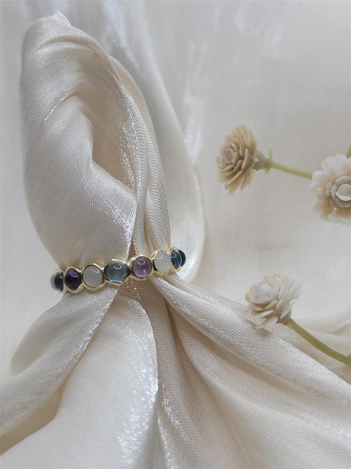 14K Yellow Gold Stackable Swiss Blue Topaz, Moonstone & Amethyst Gemstone Ring