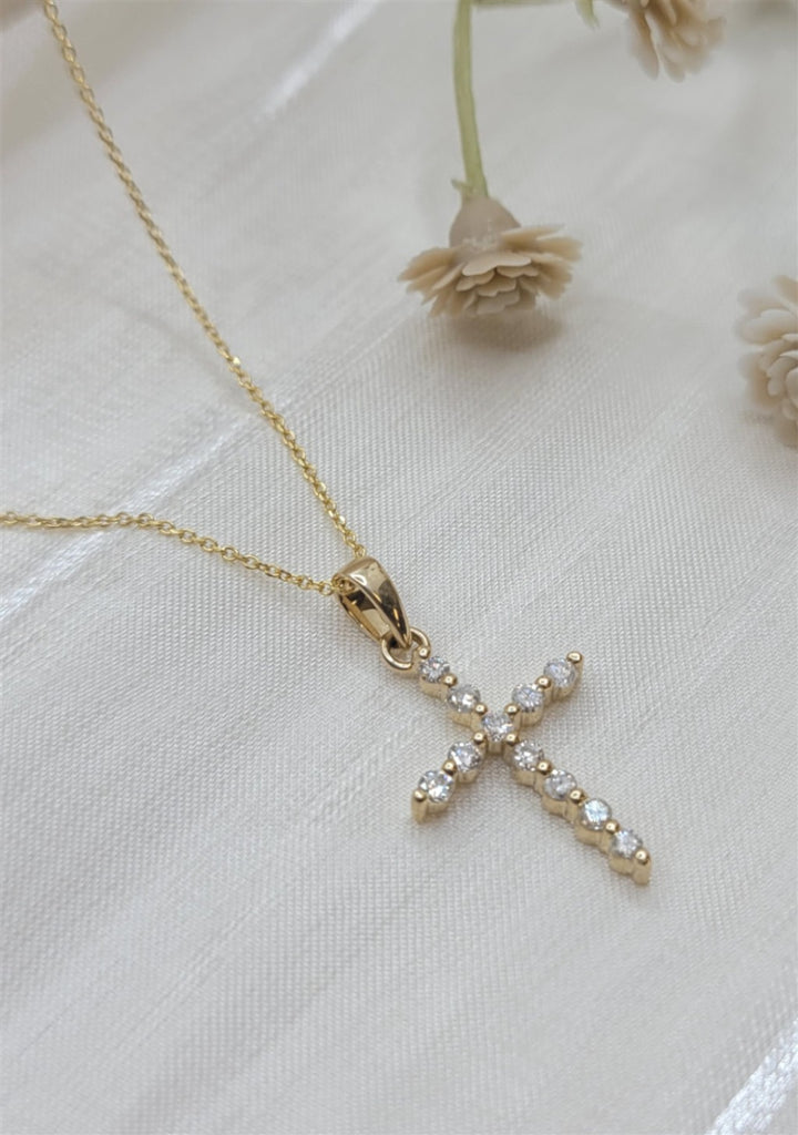 18" 14K Yellow Gold Bubble Diamond Dainty Cross Necklace