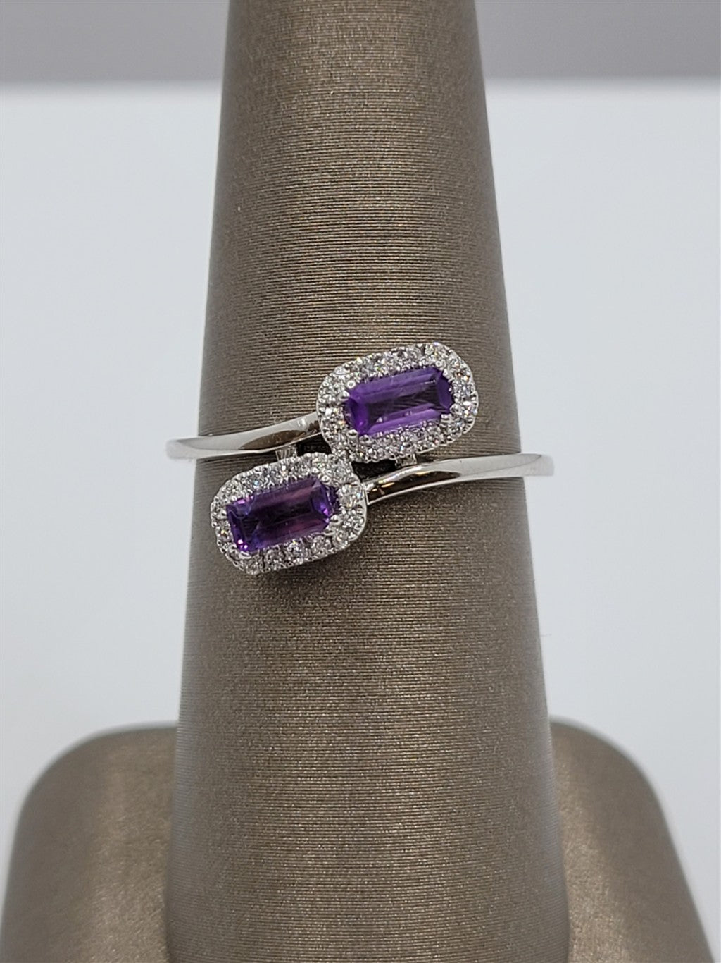 10K White Gold Amethyst & Diamond Bypass Fashion Ring