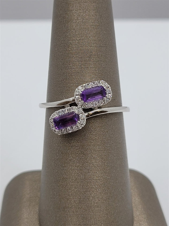 10K White Gold Amethyst & Diamond Bypass Fashion Ring