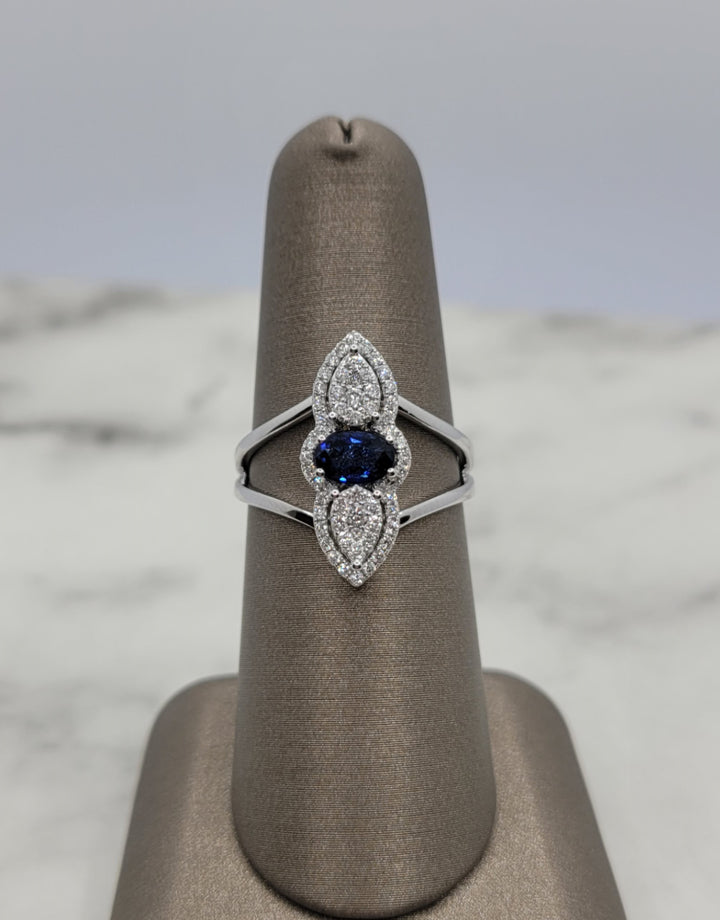 14K White Gold Blue Sapphire & Diamond Split-Shank Gemstone Ring