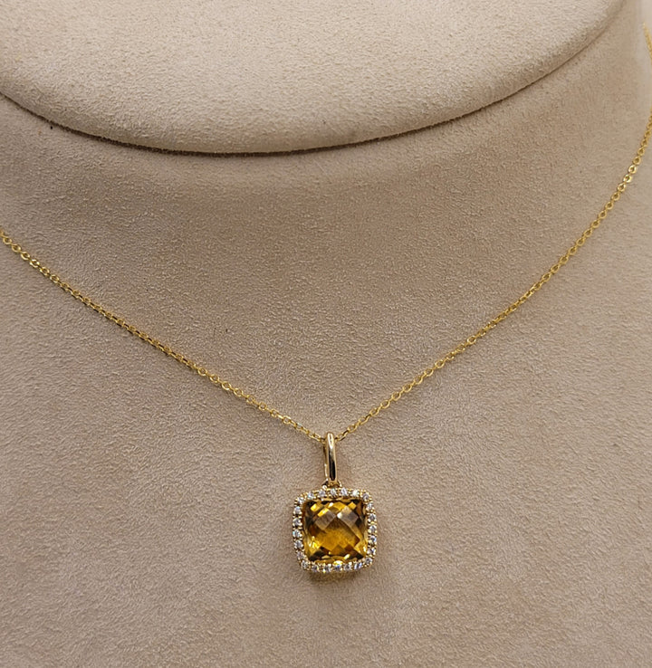 14K Yellow Gold Citrine Gemstone And Diamond Halo Necklace