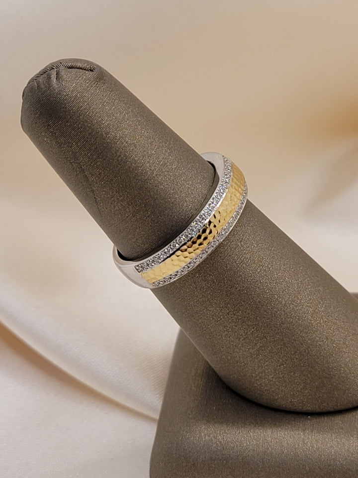14K Two-Tone Gold Diamond Fashion Hammered Ring