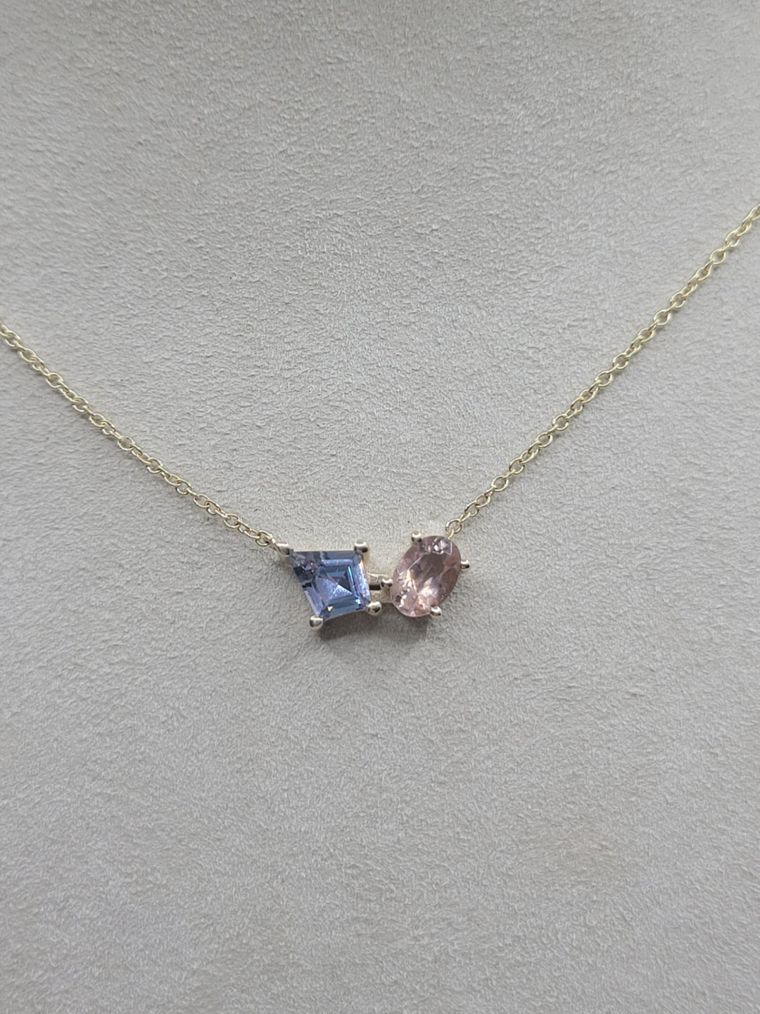14K Yellow Gold "Us 2" Peach Tourmaline and Blue Sapphire Fashion Necklace