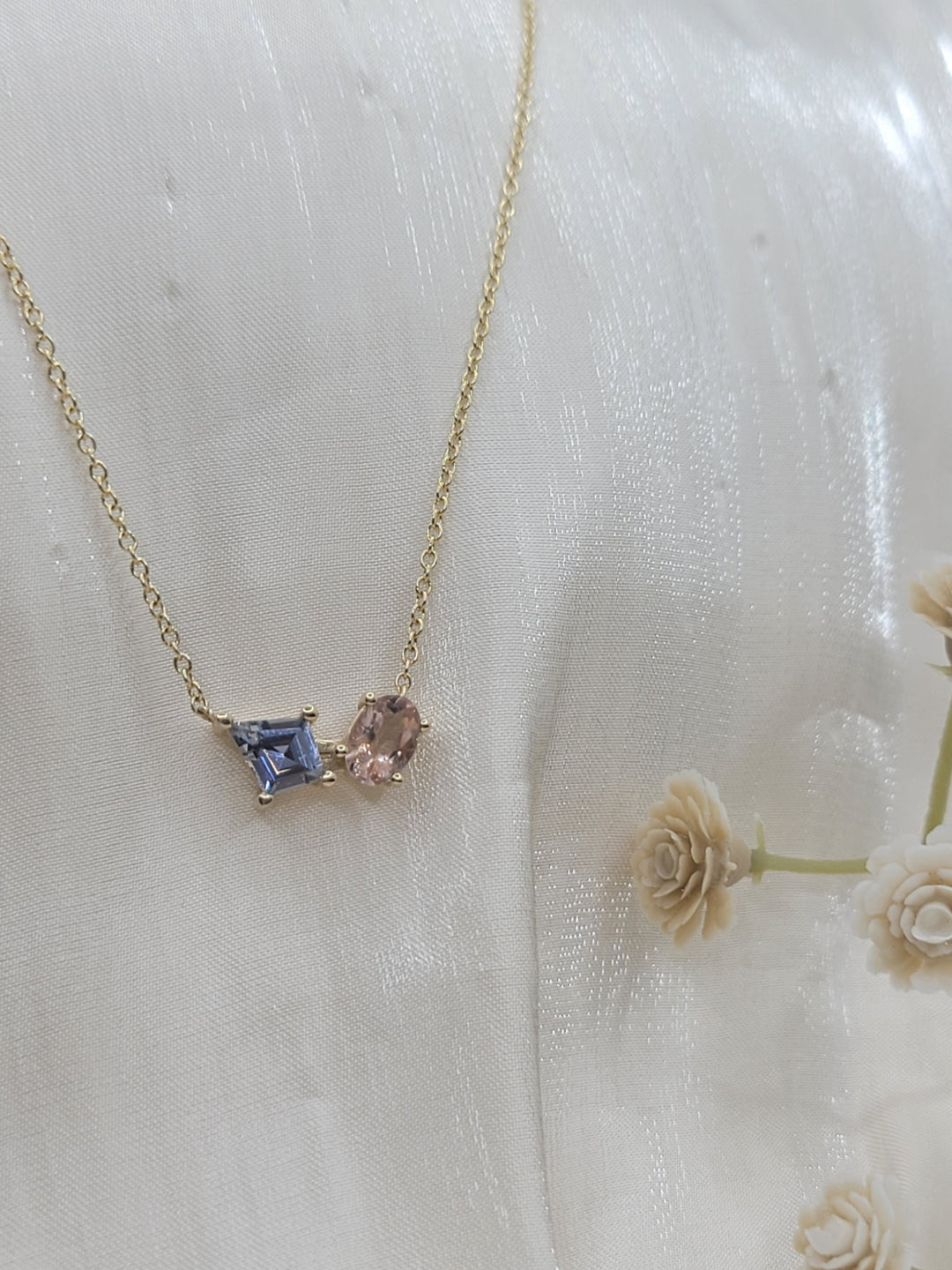 14K Yellow Gold "Us 2" Peach Tourmaline and Blue Sapphire Fashion Necklace