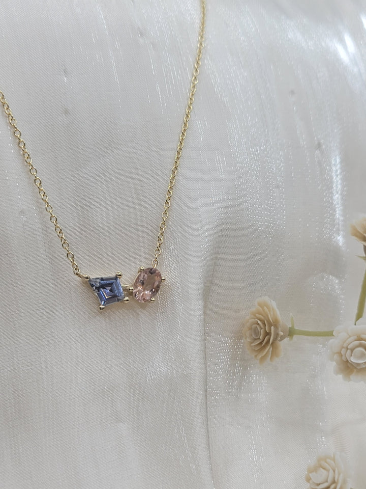 14K Yellow Gold "Us 2" Peach Tourmaline and Blue Sapphire Fashion Necklace