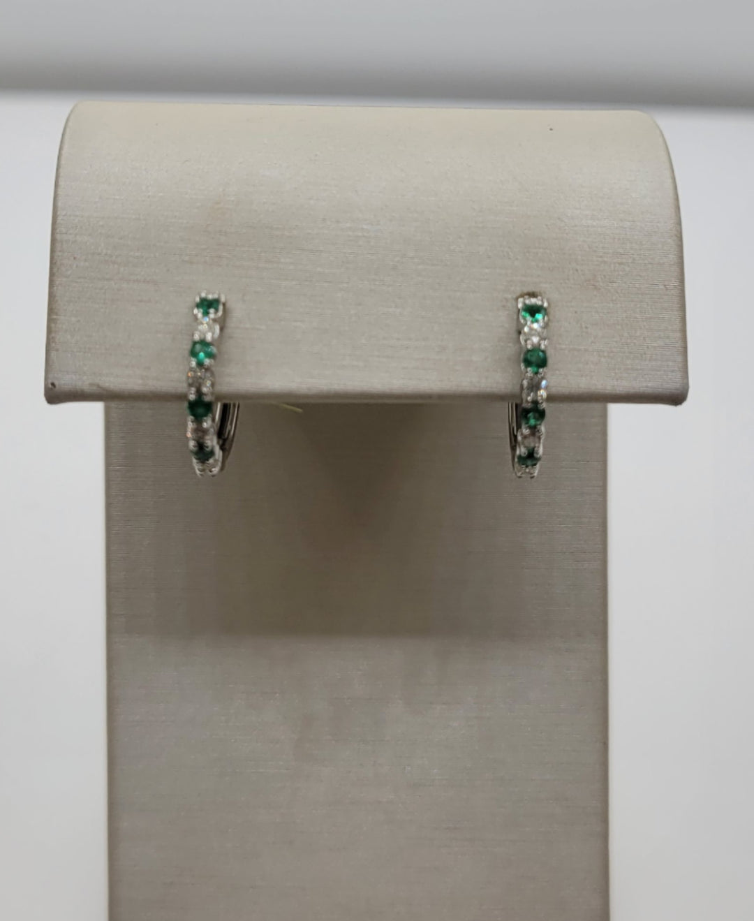 10K White Gold Emerald And Diamond Hoop Earrings