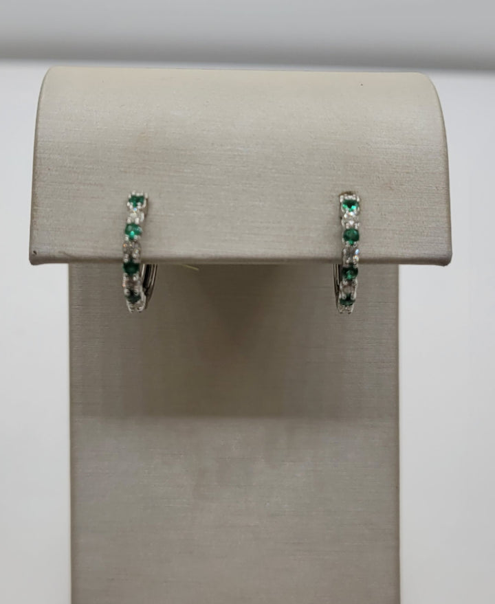 10K White Gold Emerald And Diamond Hoop Earrings