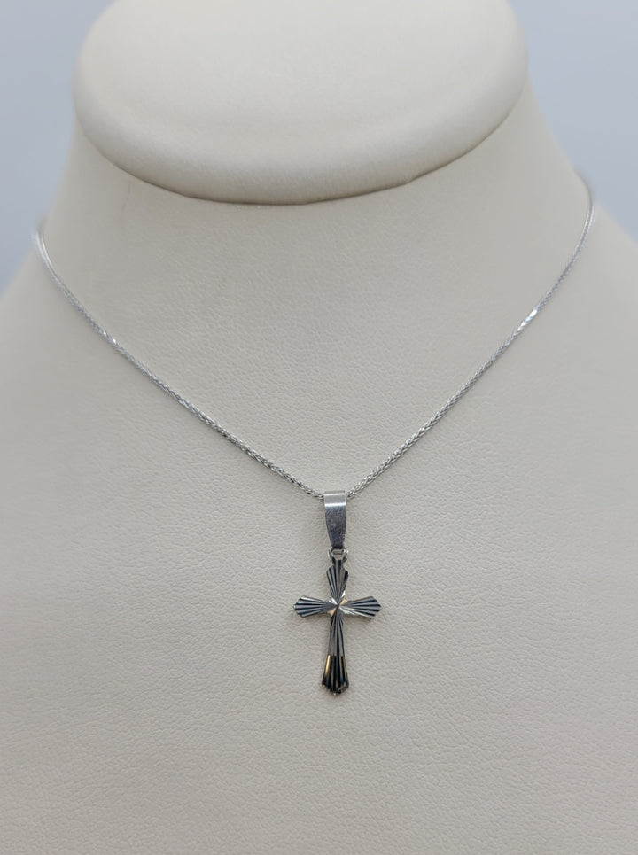 14K White Gold Diamond Cut Cross Pendant Necklace