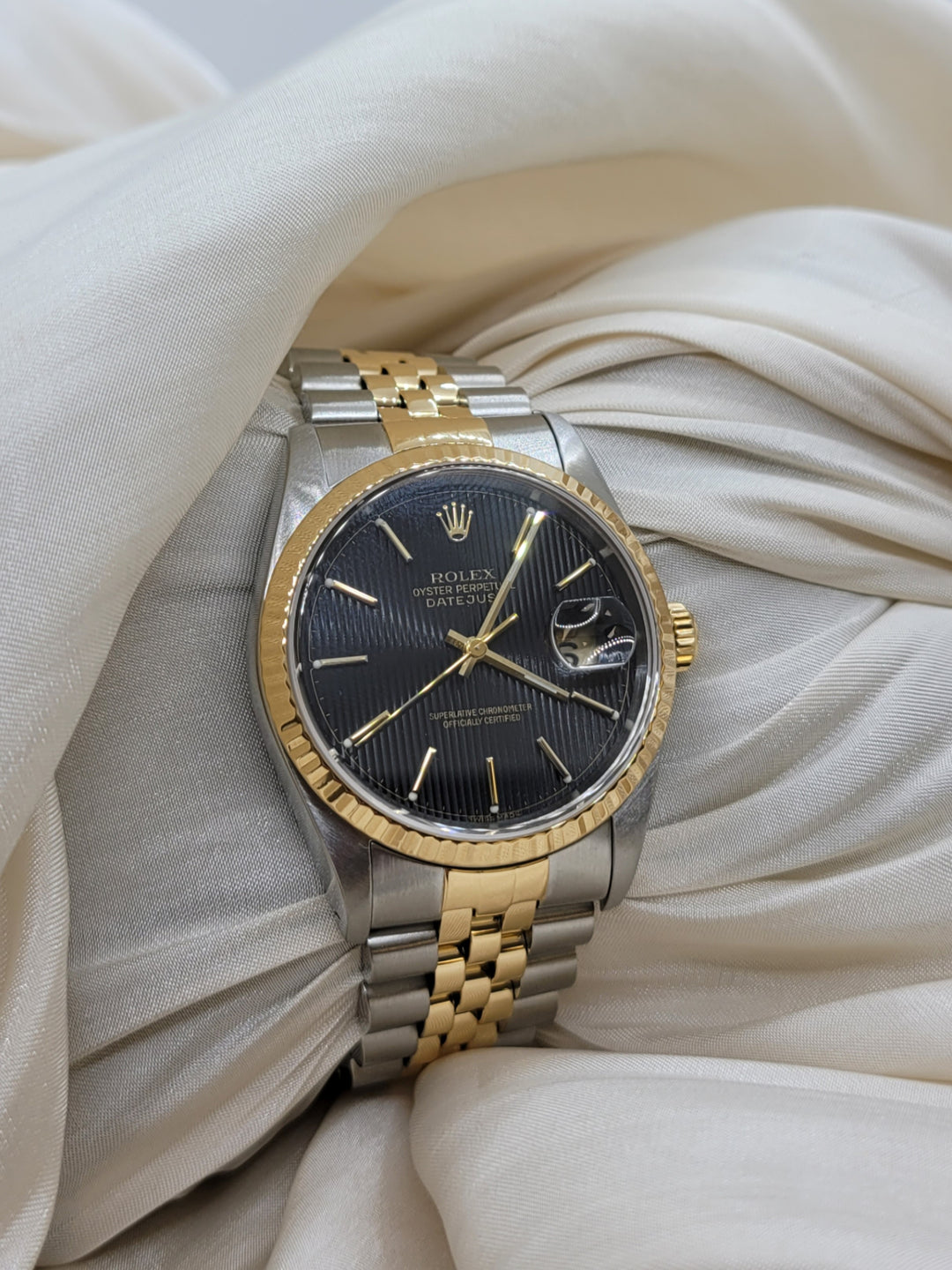 Certified Pre-Owned Stainless & 18K Yellow Gold Black Tapestry Dial Datejust Rolex