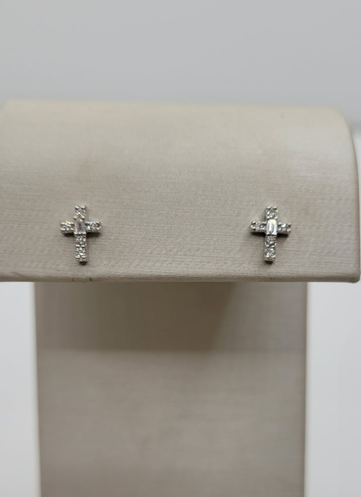 14K White Gold Diamond Cross Stud Earrings