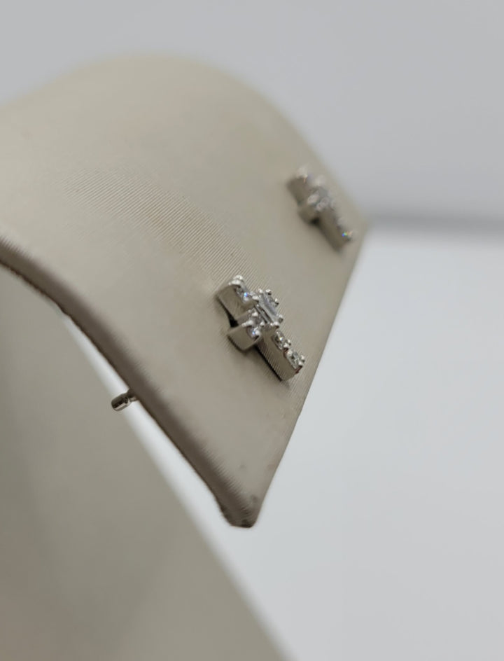 14K White Gold Diamond Cross Stud Earrings