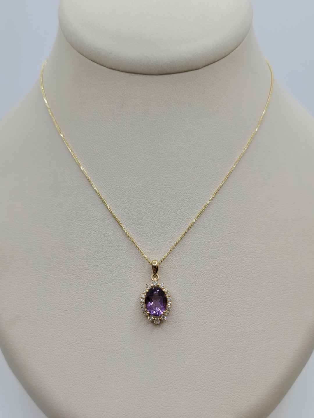 14K Yellow Gold Amethyst & Diamond Halo Pendant Necklace