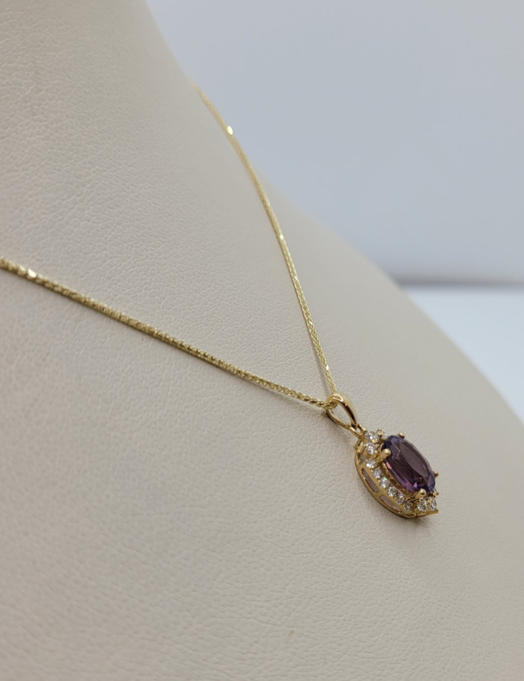 14K Yellow Gold Amethyst & Diamond Halo Pendant Necklace