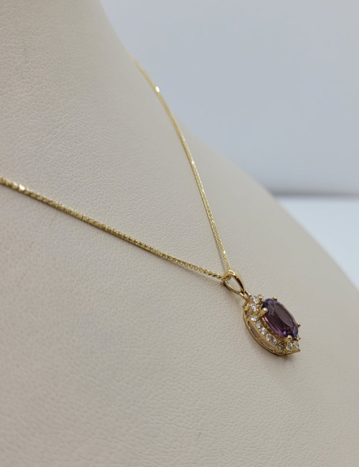 14K Yellow Gold Amethyst & Diamond Halo Pendant Necklace