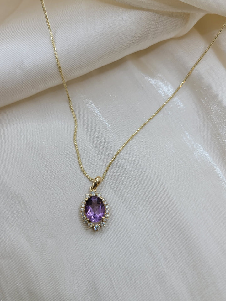 14K Yellow Gold Amethyst & Diamond Halo Pendant Necklace