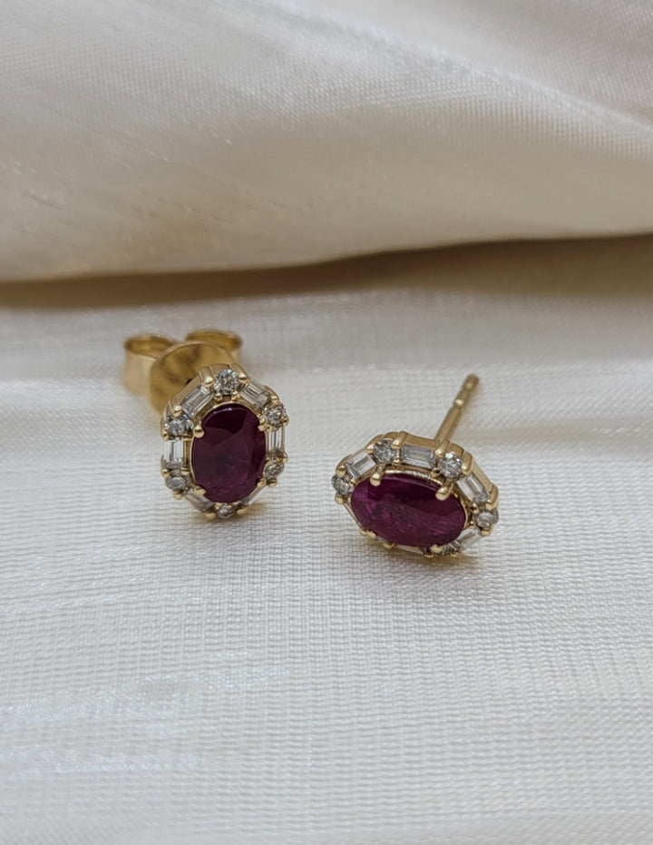 14K Yellow Gold Ruby & Diamond Halo Fashion Stud Earrings