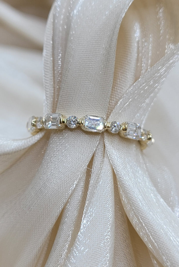 14K Yellow Gold Emerald And Round Diamond Wedding Band