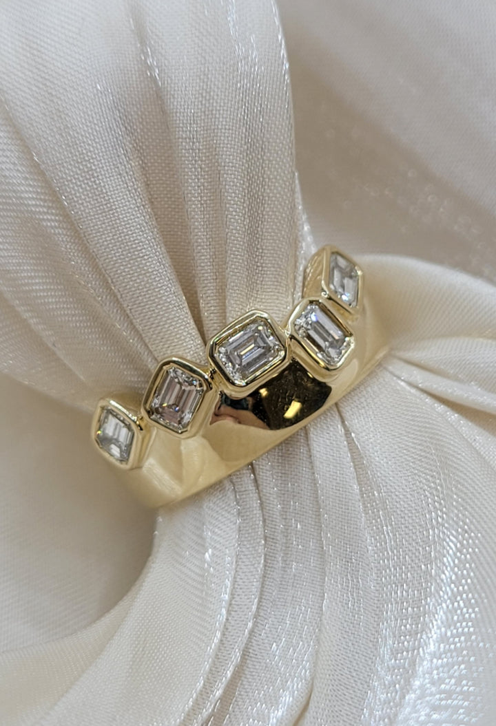 14K Yellow Gold Emerald Cut Diamond Wide Fashion Band