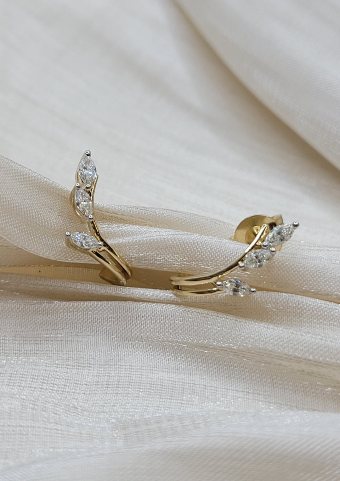 14K Yellow Gold Marquise Diamond Floral Ear-Climber Stud Earrings