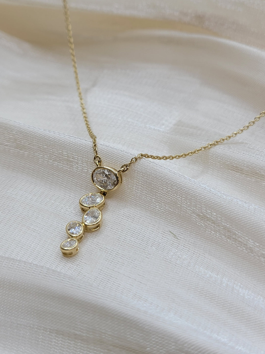 18" 14K Yellow Gold Bezel Oval Diamond Waterfall Necklace