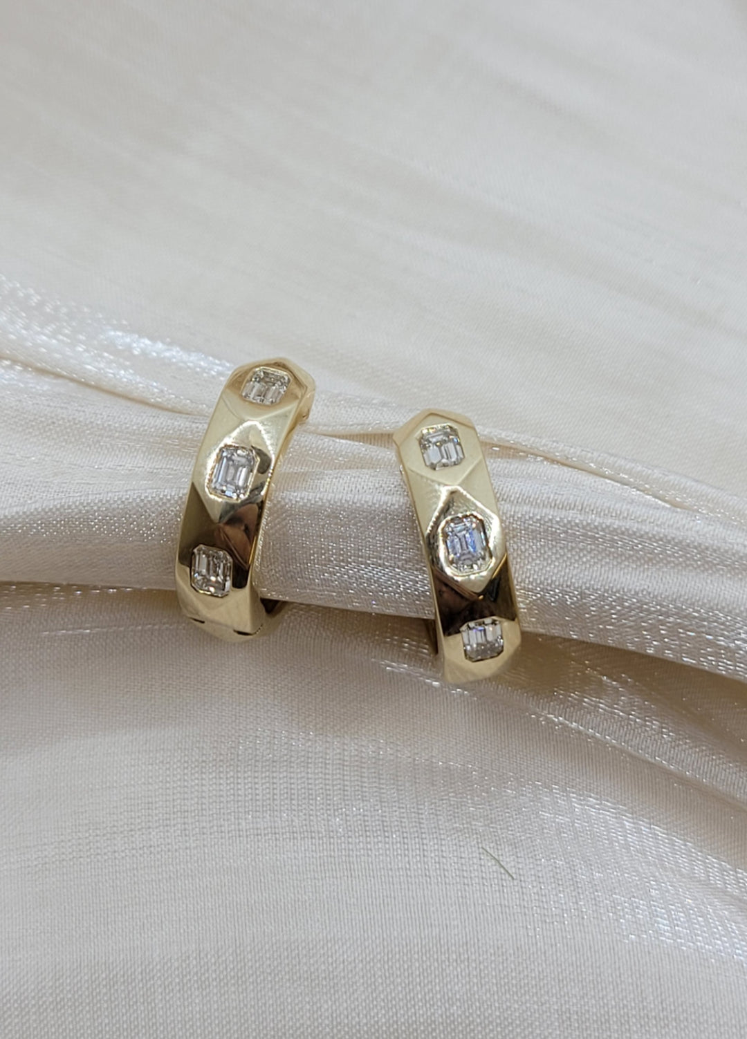 14K Yellow Gold Flush Set Diamond Hinged Hoop Earrings