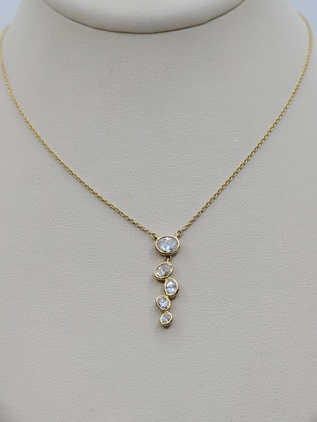 18" 14K Yellow Gold Bezel Oval Diamond Waterfall Necklace