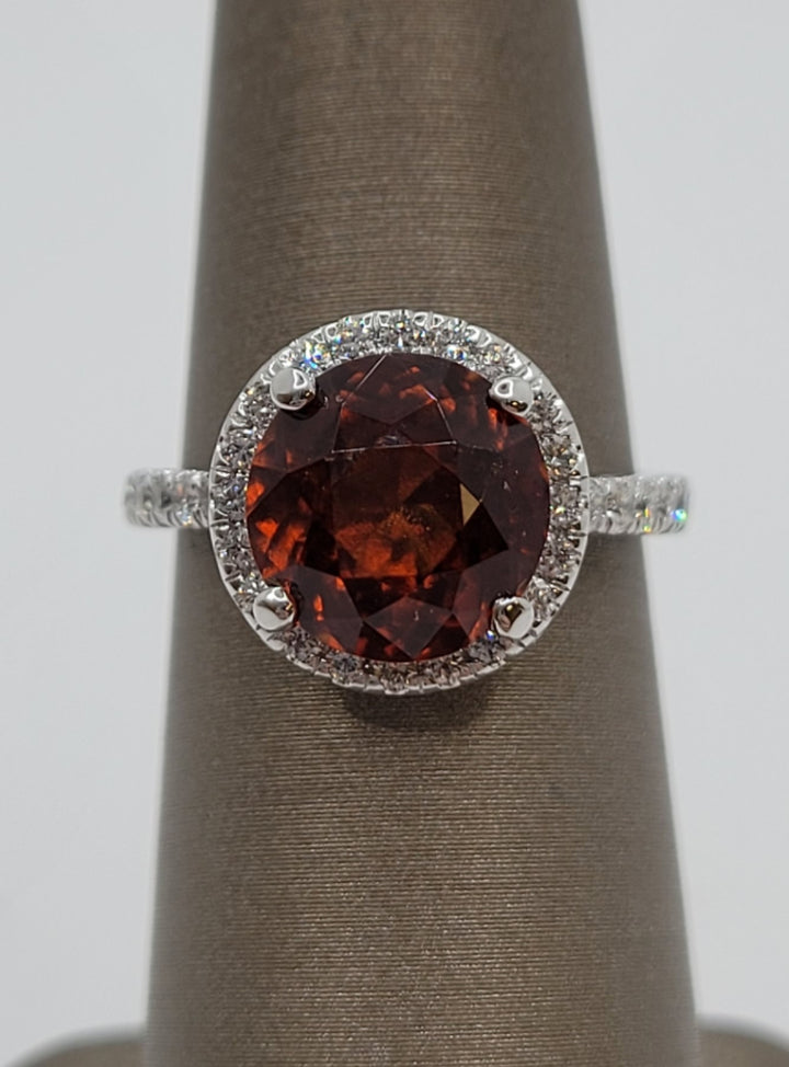 14K White Gold Grossular Garnet & Diamond Halo Fashion Ring