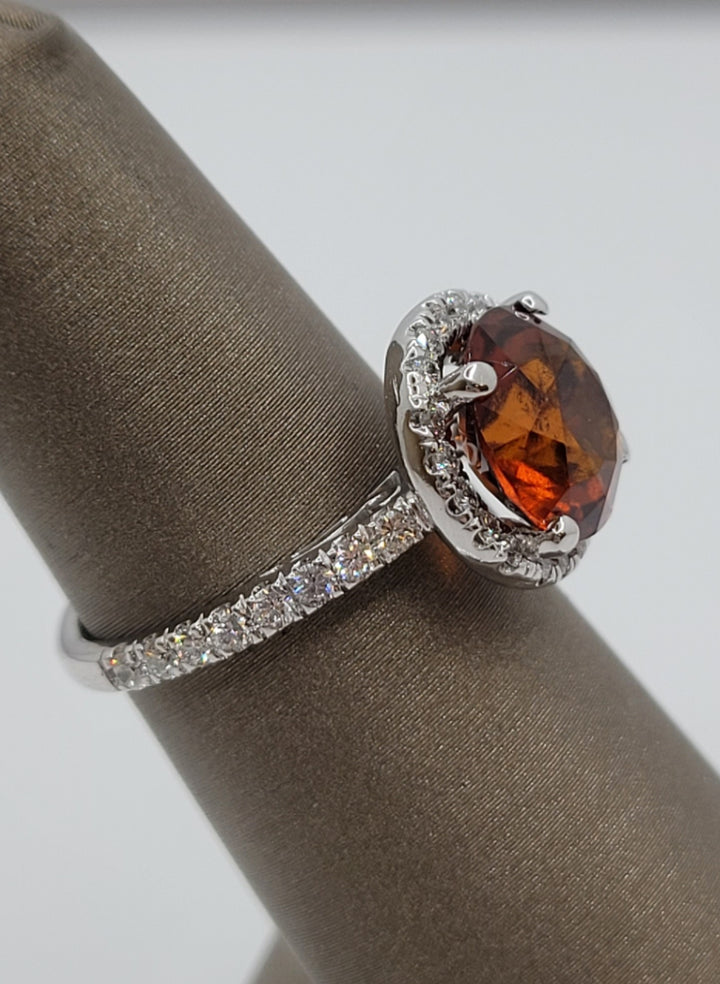 14K White Gold Grossular Garnet & Diamond Halo Fashion Ring