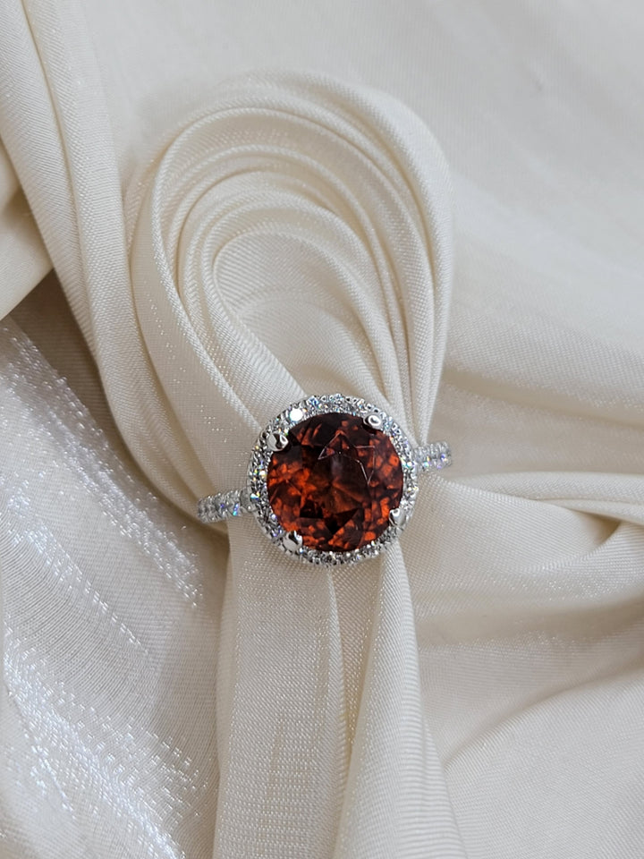 14K White Gold Grossular Garnet & Diamond Halo Fashion Ring