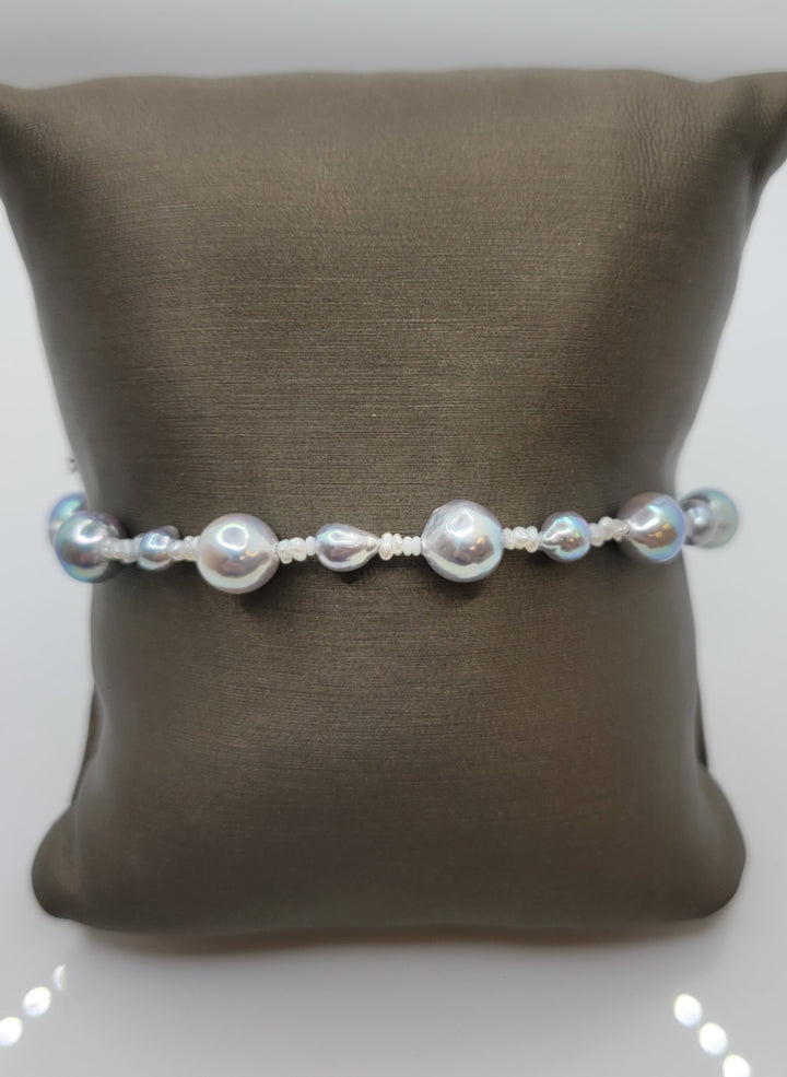7" 14K White Gold Baroque Grey/Blue Akoya & Keshi Pearl Bracelet