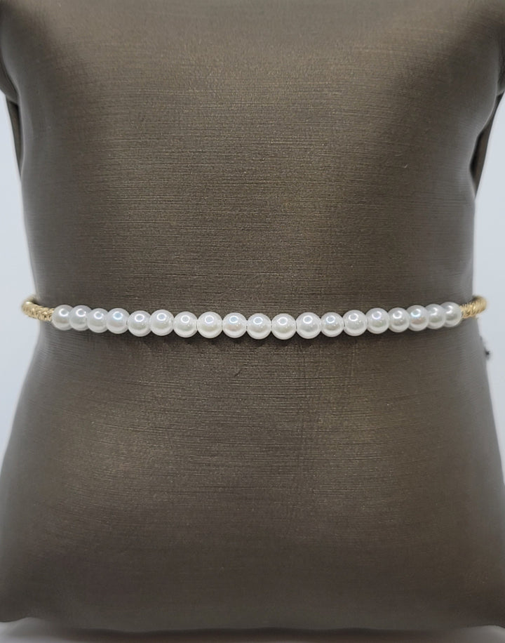 7" 14K Yellow Gold Pearl & Gold Faceted Cut Beaded Bangle Bracelet