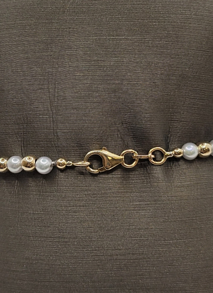 7" 14K Yellow Gold Pearl & Gold Beaded Bangle Bracelet