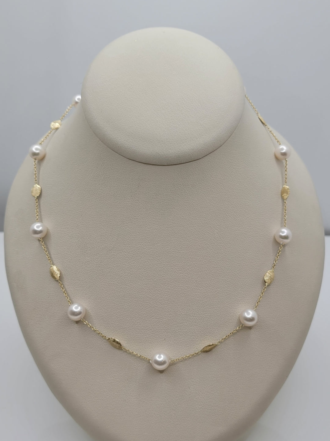 20" 14K Yellow Gold 6.5-7mm Japanese Cultured Pearl & Gold Tin-Cup Station Necklace