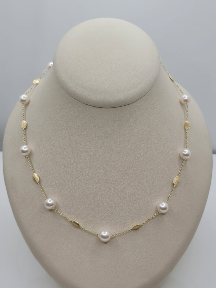 20" 14K Yellow Gold 6.5-7mm Japanese Cultured Pearl & Gold Tin-Cup Station Necklace