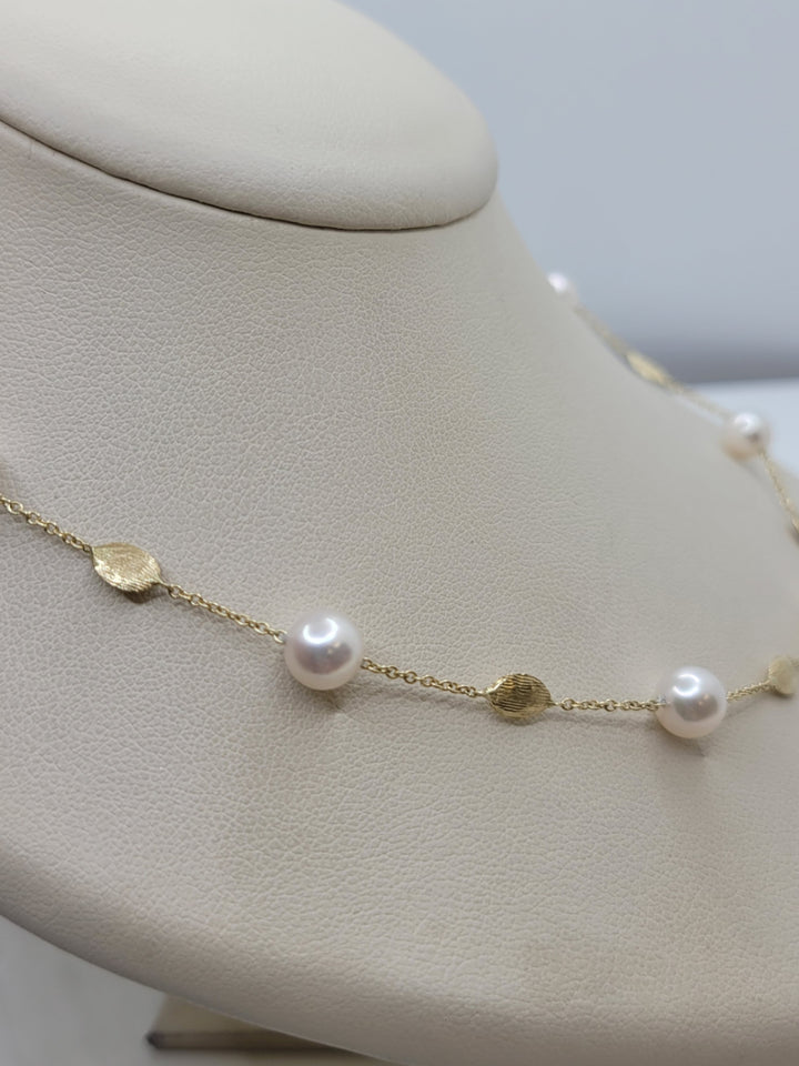 20" 14K Yellow Gold 6.5-7mm Japanese Cultured Pearl & Gold Tin-Cup Station Necklace