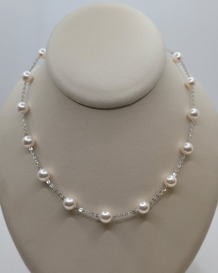16.5" 14K White Gold 6.5-7mm Japanese Cultured Pearl Tin-Cup Station Necklace