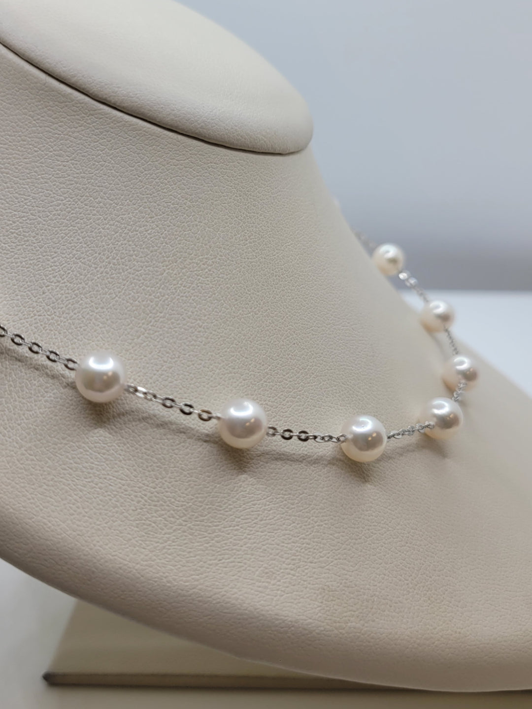 16.5" 14K White Gold 6.5-7mm Japanese Cultured Pearl Tin-Cup Station Necklace