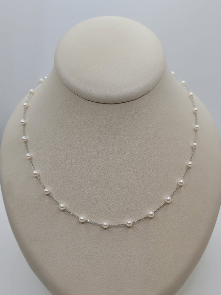 19" 14K White Gold 3-3.5mm Japanese Cultured Pearl Tin-Cup Station Necklace