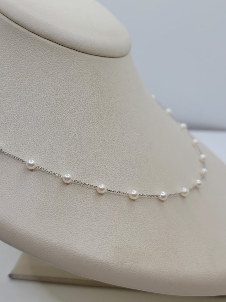 19" 14K White Gold 3-3.5mm Japanese Cultured Pearl Tin-Cup Station Necklace