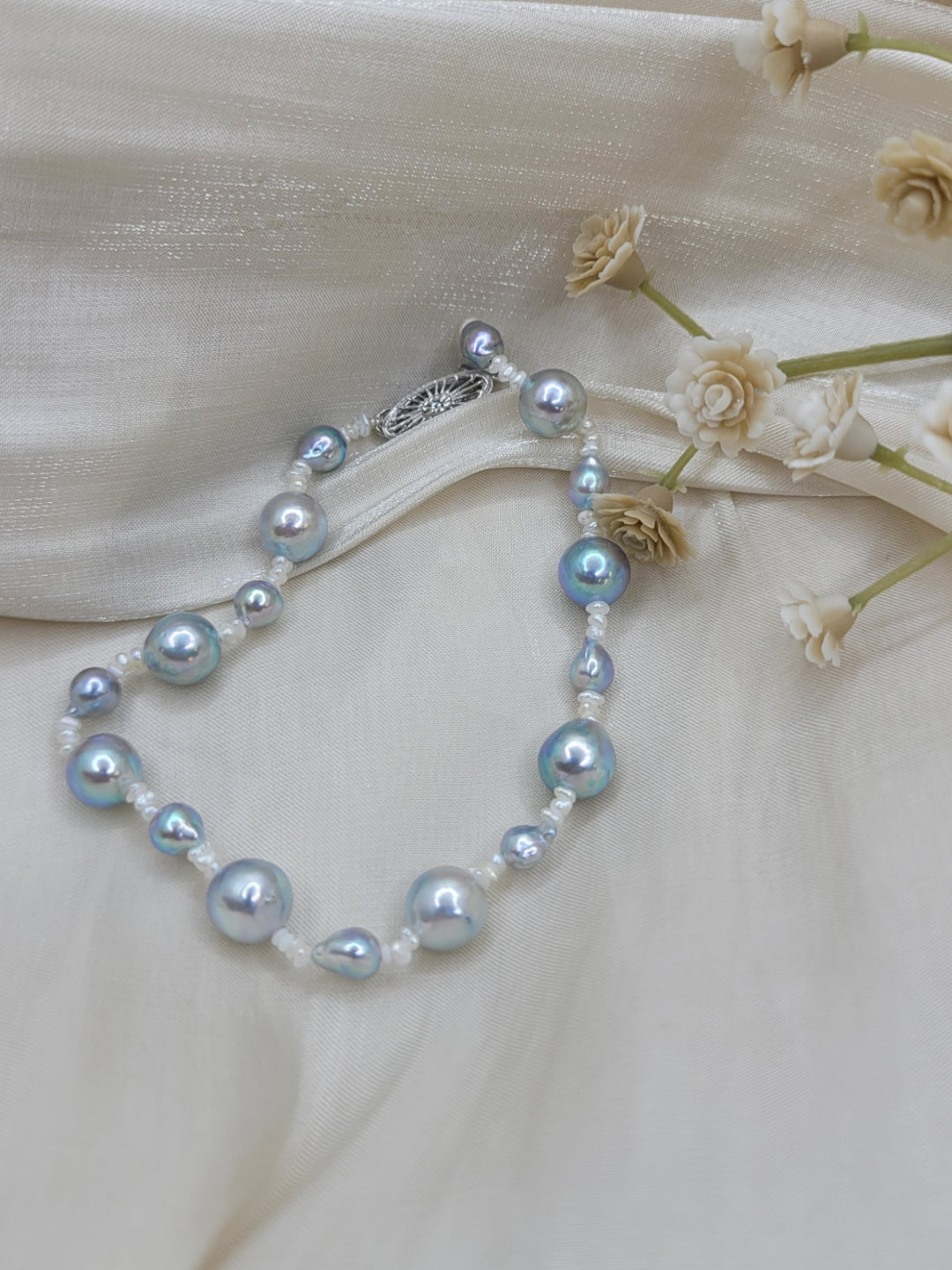 7" 14K White Gold Baroque Grey/Blue Akoya & Keshi Pearl Bracelet