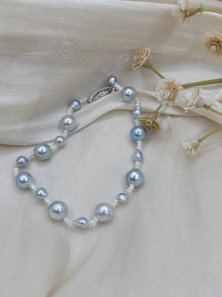 7" 14K White Gold Baroque Grey/Blue Akoya & Keshi Pearl Bracelet